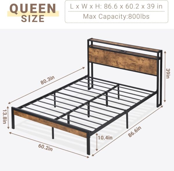 Queen Bed Frame with Charging Station, Queen Size Platform Bed Frame with Storage Shelf Headboard, Wood & Metal Queen-Size Bedframe, Noise-Free Base Foundation, No Box Spring Needed, Brown
