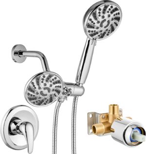 gotonovo Dual 2 in 1 Shower Head Kit High Pressure Combo System Shower Faucet 6 Modes ABS Handheld Spray Shower Trim Kit with Valve Shower Head and Handle Set Polished Chrome