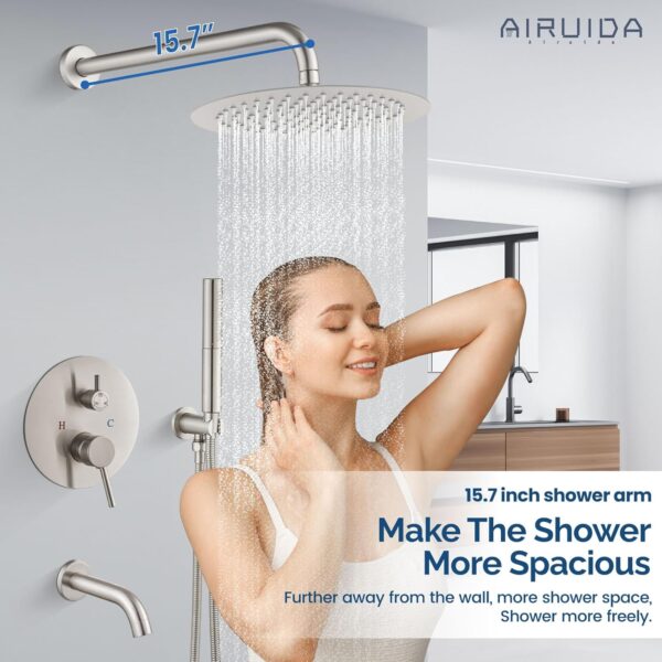 Airuida Round Shower System Set with Tub Spout,Wall Mount 3 Function Rain Shower Faucet Set,2 Functions Handheld Shower Tub Spout Tub Shower Combo Set Fixtures 10 Inches Shower Head Brushed Nickel