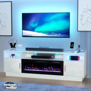 BREEZEHEAT Electric Fireplace TV Stand with 42 inch Fireplace Up to 90" TVs-Led Entertainment Center with Outlet, High Glossy Doors-80 inch TV Cabinet，Modern Media Console for Living Room(White)