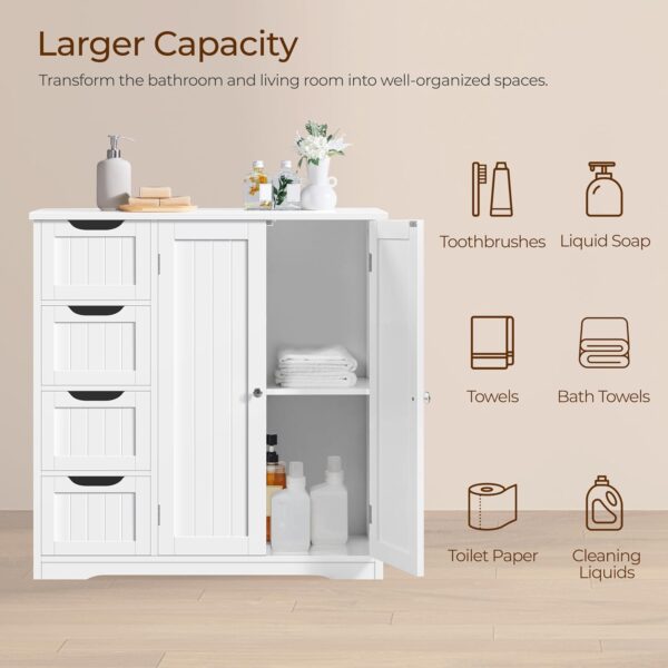 Yaheetech Wooden Bathroom Floor Cabinet, Side Storage Organizer Cabinet with 4 Drawers & Double Doors, Freestanding Entryway Storage Unit Console Table, Bathroom Furniture Home Decor, White