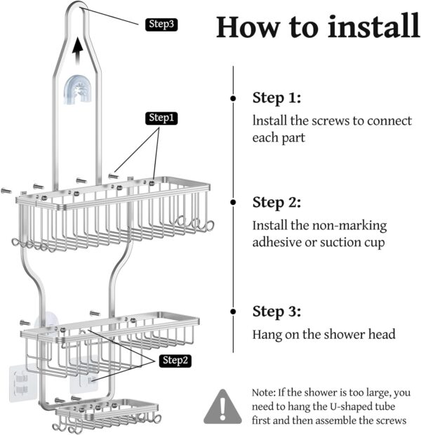 YASONIC Shower Caddy Hanging - Never Rust Shower Organizer - Aluminum Over The Shower Head Caddy with 10 Hooks for Razor/Sponge - Shower Rack with Soap Basket - Silver