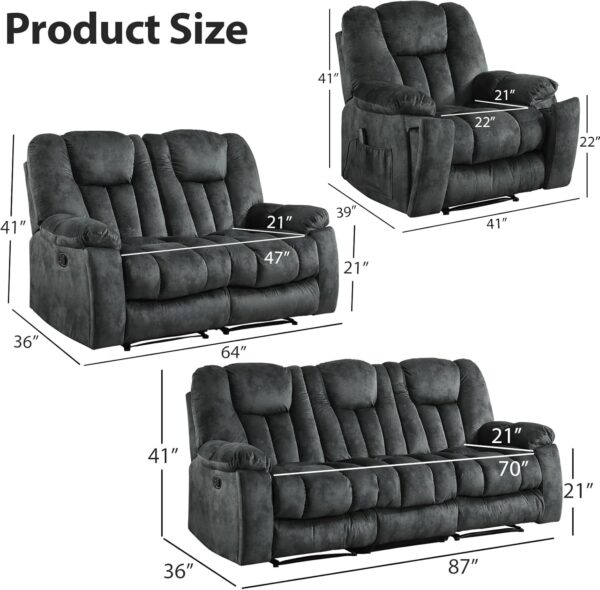 3 Pieces Recliner Sofa Furniture Set, Manual Recliner with Massage and Heat, Loveseat and Bonded 3 Seat Reclining Couch Set for Living Room, Green Grey