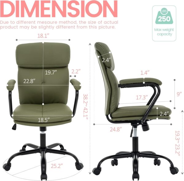 Home Office Chair, Modern Upholstered Mid-Back PU Leather Task Desk Chair with Arms, Adjustable Rocking Swivel Computer Chair with Wheels (Olive Green)