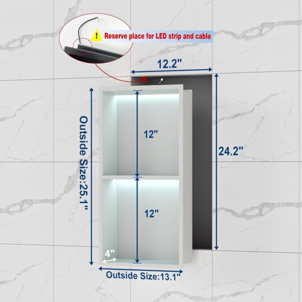 2-Tiers 12x24 Wall Niche with RGB LED Light Strips, White Shower Niche Cabinet, Stainless Steel Bathroom Shelf, NO Tile Needed Recessed Cubby Storage Organizer