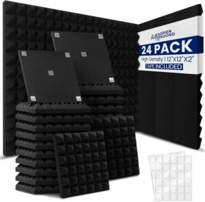 | 24 Pack | 12x12x2inch | High Density Acoustic Foam Wall Panels | Pyramid Shape | Double Sided Adhesive Tape | Sound Absorbing Acoustic Panels | Sound Proof Foam Panels For Walls