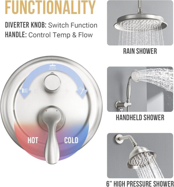 DASAN Antique Dual Shower Head Faucet Set, Brushed Nickel Dual Rain Shower Head System Complete Double Head Shower Fixture Combo, 9'' & 6'' Dual Rainfall Overhead Shower with Handheld, Valve & Trim