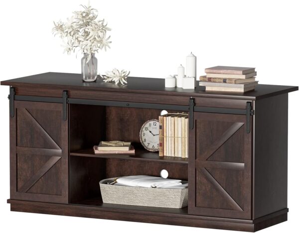 YESHOMY TV Stand for Televisions up to 65 Inchs, with Sliding Barn Doors and Storage Cabinets, Console Table and Media Furniture for Living Room, 58 Inch, Espresso