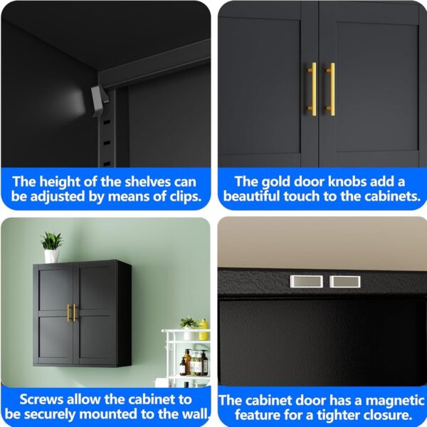 Bathroom Wall Cabinet, Metal Over The Toliet Storage Cabinet, Wall Cabinets with Doors and Adjustable Shelf, Medicine Cabinets for Kitchen, Bathroom, Over The Toilet (Black, 23.6" H)