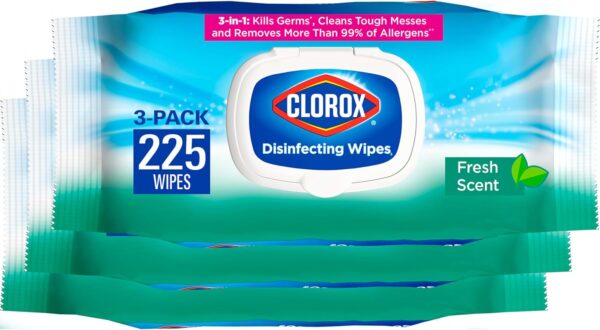 Clorox Disinfecting Wipes, Bleach Free, Household Essentials, Fresh Scent, Moisture Seal Lid, 75 Cleaning Wipes, Pack of 3 (New Packaging)