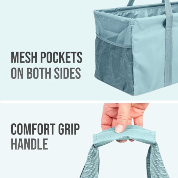 71fLSfSVqvL._AC_SL1500_.jpg Extra Large Utility Tote Bag - Oversized Collapsible Reusable Wire Frame Rectangular Canvas Basket With Two Exterior Pockets For Beach, Pool, Laundry, Car Trunk, Storage - Light Blue