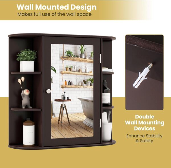 RELAX4LIFE Bathroom Wall Cabinet with Mirror - Medicine Cabinet w/Door, 6 Open Shelves & Adjustable Shelves, Over The Toilet Storage Cabinet Organizer, Mirrored Bathroom Cabinet Wall Mount (Coffee)