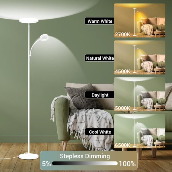 White Floor Lamp, 42W 4000LM Super Bright LED Room Lamp with Adjustable Reading Light,Dimmable Modern Standing Lamp with Remote & Touch Control for Room Bedroom Office Floor Light