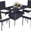 DORTALA 5 Pieces Patio Rattan Dining Set, Outdoor Wicker Bistro Table Set with Glass Tabletop & 4 Cushioned Chairs, Modern Dining Furniture Set for Backyard Porch Dining Room Kitchen, Black