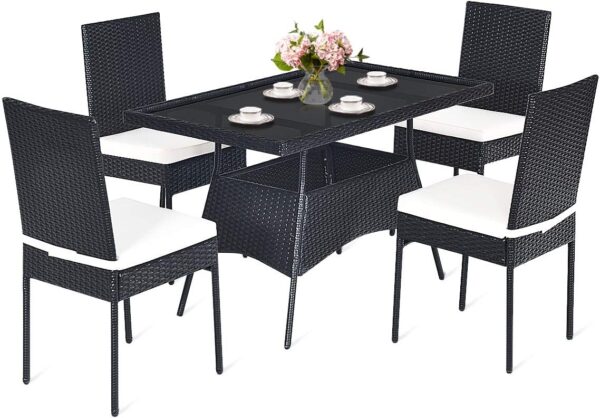DORTALA 5 Pieces Patio Rattan Dining Set, Outdoor Wicker Bistro Table Set with Glass Tabletop & 4 Cushioned Chairs, Modern Dining Furniture Set for Backyard Porch Dining Room Kitchen, Black