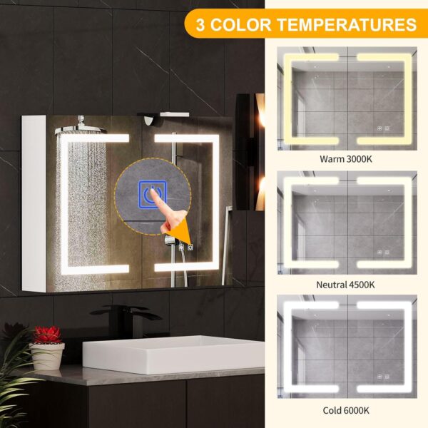 Snughome Bathroom Medicine Cabinet with Mirror and LED Light, Wall Mount Medicine Cabinet with Defogging, Adjustable Shelves, Memory Dimmable 3 Color Temp, Built-in Power Outlets, 31.5''x23.6''x5.9''