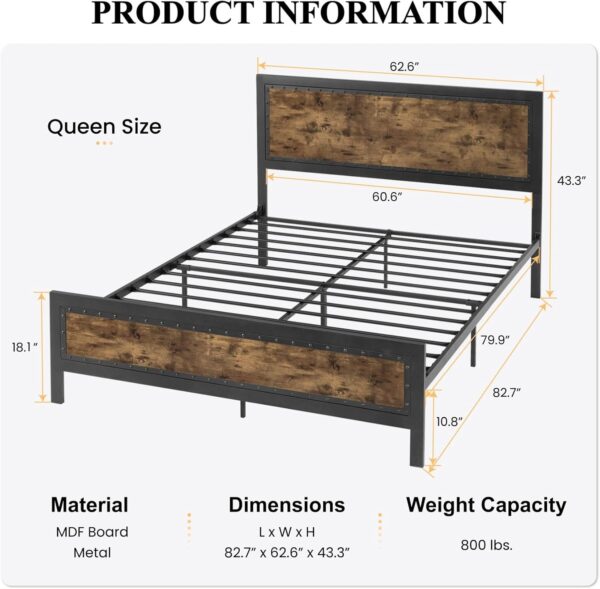 SHA CERLIN Grey Metal Bed Frame Queen, Industrial Wooden Platform Base with Rivet Headboard and Footboard, No Box Spring Needed