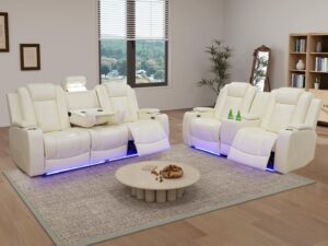 Living Room Sofa Set Reclining Breathing Leather Dekmxas Living Room Furniture Set Sofa, Loveseat with Storage Console/Cup Holders/LED Light/USB Port for Apartment, Office(Creamy White, Sofa+loveseat)