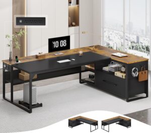 71" Executive Desk, Large Office Desk with Widen File Drawers & Power Outlets, Reversible L Shaped Computer Desk Corner Desk with Storage Shelves, CPU Stand, Hooks, Business Furniture