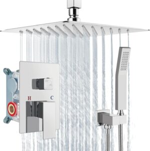 Aolemi Ceiling Mount Shower System Rain Shower Head with Handheld Spray High Pressure Shower Faucet Set Rough-in Valve Shower Trim Kit Included Bathroom Polish Chrome 12 Inch Ceiling Shower Head