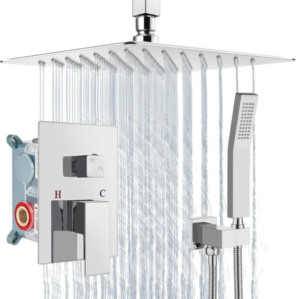 Aolemi Ceiling Mount Shower System Rain Shower Head with Handheld Spray High Pressure Shower Faucet Set Rough-in Valve Shower Trim Kit Included Bathroom Polish Chrome 12 Inch Ceiling Shower Head