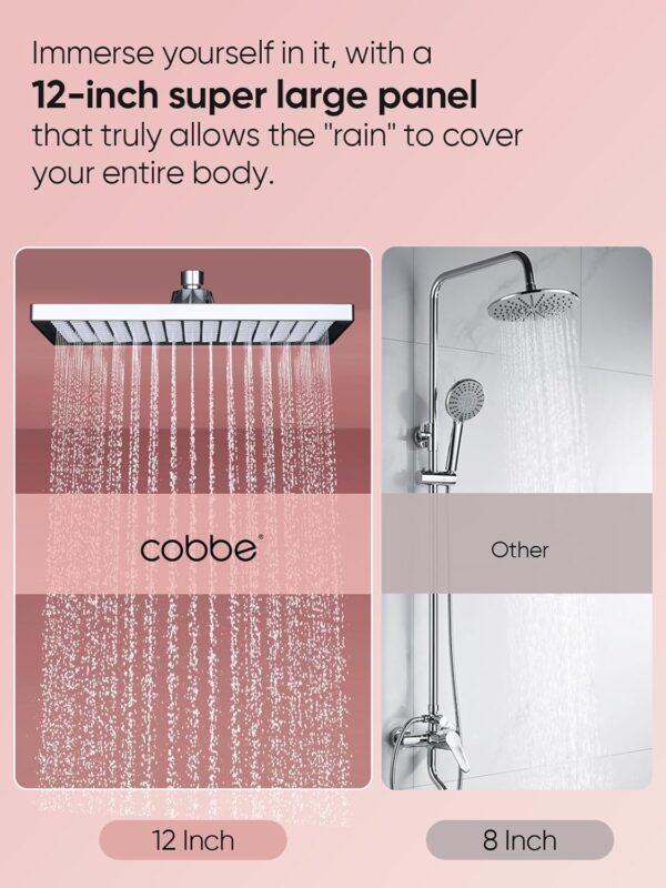 Cobbe Rainfall Shower Head for Bathroom, 11.8 Inch Large Rectangular with Adjustable Stainless Steel 11 Inch Extension Arm - Premium Quality Luxury Experience, 1-Min No Tools Installation, Chrome