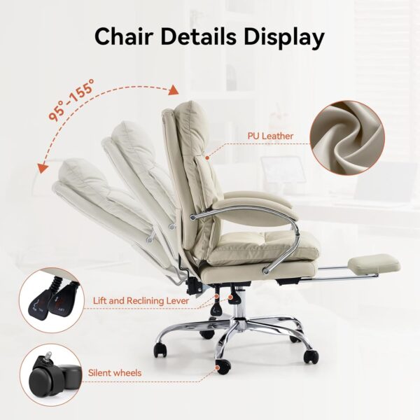 LEAGOO Office Chair with Foot Rest, Ergonomic Executive Office Chair with Arms, Reclining High Back PU Leather Comfy Swivel Computer Desk Chairs with Wheels and Lumbar Support for Home Office, Cream