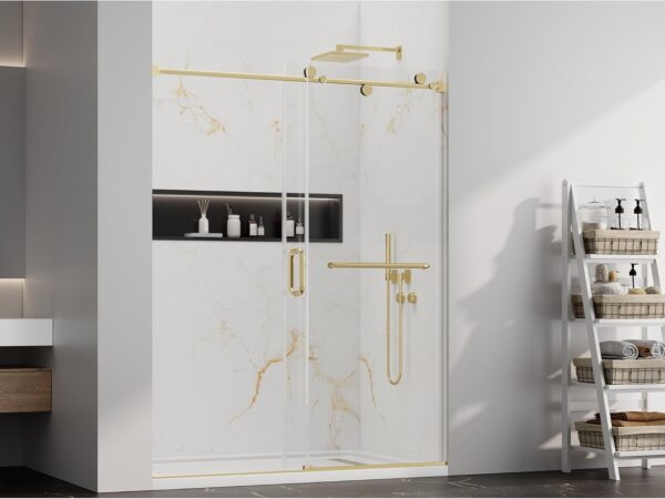 Shower Doors,56-60" W x 76" H Frameless Sliding Shower Door,5/16"(8mm) Clear SGCC Tempered Glass with Double-Sided Nano Coating,Bypass Shower Doors for Walk in Shower,Stainless Steel Hardware Gold