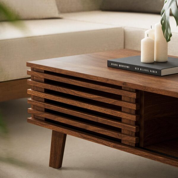 Living Room Table Sets of 2, Mid Century Coffee Table & Dresser TV Stand, Sliding Door Coffee Table with Storage, Modern TV Stand for Bedroom, Living Room (Walnut)