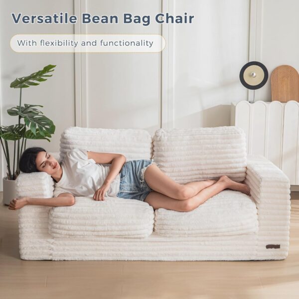 MAXYOYO Giant Bean Bag Chair for Adults, Upholstered Loveseat Floor Sofa with Pillows and Armrests, Large Bean Bag Sofa Plush Chair Couch for Bedroom Living Room, White