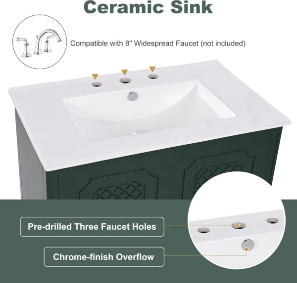 Linique 30" Bathroom Vanity with Sink Combo Set, Solid Wood Frame Modern Bathroom Storage Cabinet with a Large Drawer, a Adjustable Shelf and 2 Soft Closing Cabinet Doors with Organizer, Green