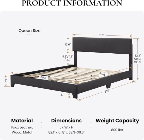SHA CERLIN Black Queen Platform Upholstered Bed Frame with 3 Level Height-Adjustable headboard, Wood Slats Support, No Box Spring Needed, Easy Assembly, Easy Clean Up