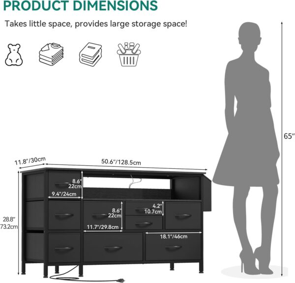 YITAHOME TV Stand with Charging Station, Dresser TV Stand for 55'' TV, 9 Drawer Dresser for Bedroom, White Dresser with Side Pockets, Fabric Dresser for Living Room, Entryway(Black)