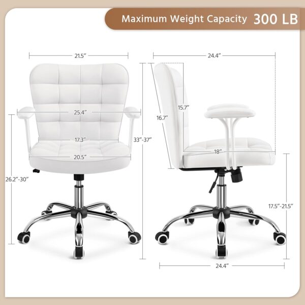 Yaheetech Mid Back Faux Leather Desk Office Chair Modern Upholstered Adjustable Tilting Vanity Chair with Detachable Padded Armrests for Home/Office,White