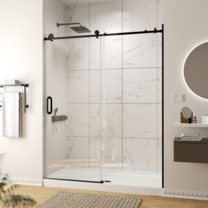 56-60" W x 74" H Frameless Sliding Shower Door, Shower Glass Door with 5/16" (8mm) Clear SGCC Tempered Glass, Matte Black Finish Shower Doors, Stainless Steel Hardware