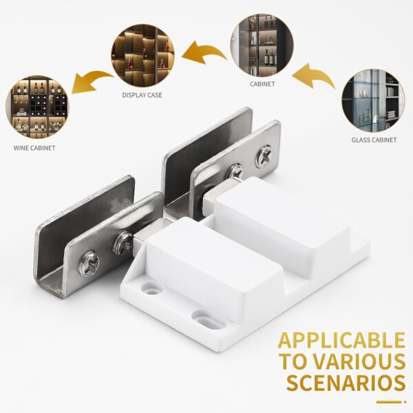Stainless Steel Glass Door Hinge Double Head Magnetic Catch Closures with ABS Clamp Set for 5-7mm Glass Doors (1, White)