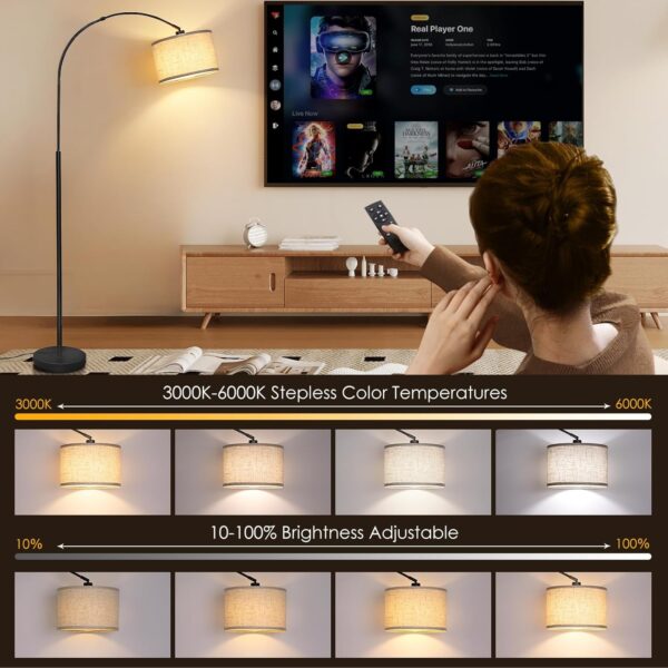 Arc Floor Lamp with Remote, Modern Standing Lamp for Living Room with Stepless Dimmable Bulb, Drum Shade, Foot Switch, Tall Floor Lamp for Farmhouse Bedroom Night Stand (Black)