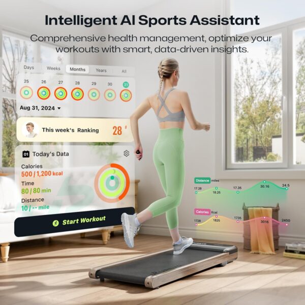 UREVO Smart Walking Pad with MIIT Modes, Walking Pad Treadmill UnderDesk, Wooden Treadmills for Home Plug and Play Jogging Machine with HiveTech Cushioning, APP Remoter and LED Display