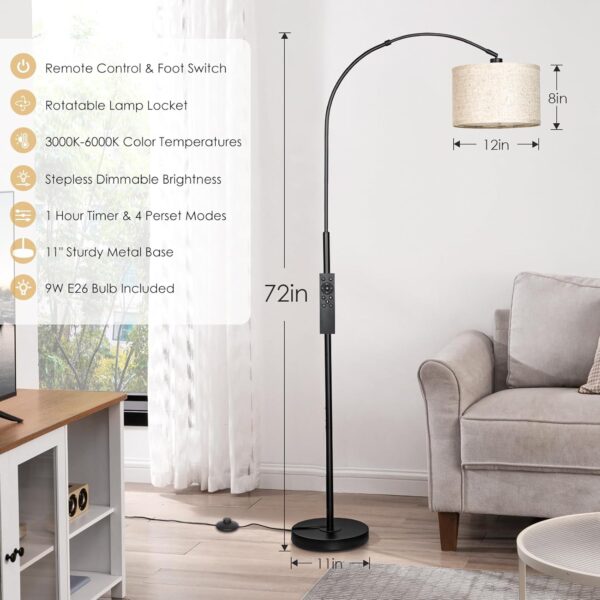 Arc Floor Lamp with Remote, Modern Standing Lamp for Living Room with Stepless Dimmable Bulb, Drum Shade, Foot Switch, Tall Floor Lamp for Farmhouse Bedroom Night Stand (Black)