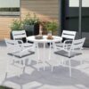 71hSqTHpEL._AC_SL1500_.jpg Soleil Jardin 5 Piece Outdoor Dining Set, Aluminum Patio Furniture Dining Set with Round Dining Table w/Umbrella Hole and 4 Stackable Chairs w/Cushions for Yard, Garden, Porch and Pool, White