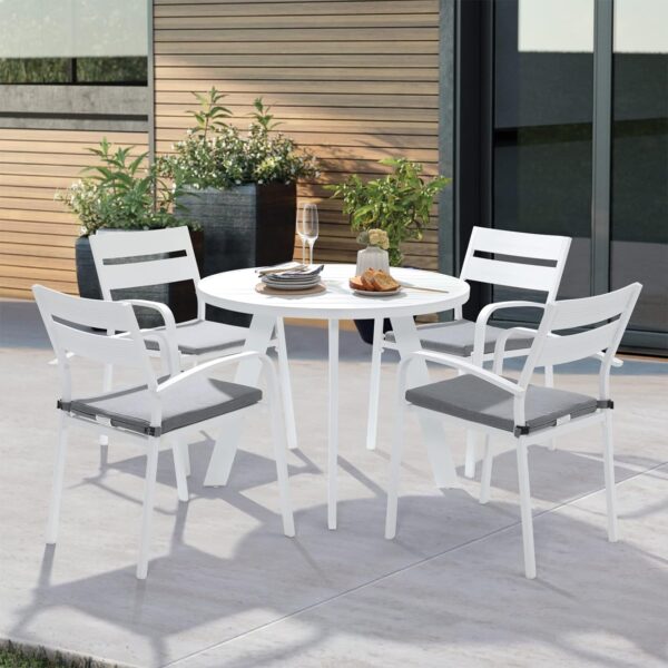 71hSqTHpEL._AC_SL1500_.jpg Soleil Jardin 5 Piece Outdoor Dining Set, Aluminum Patio Furniture Dining Set with Round Dining Table w/Umbrella Hole and 4 Stackable Chairs w/Cushions for Yard, Garden, Porch and Pool, White