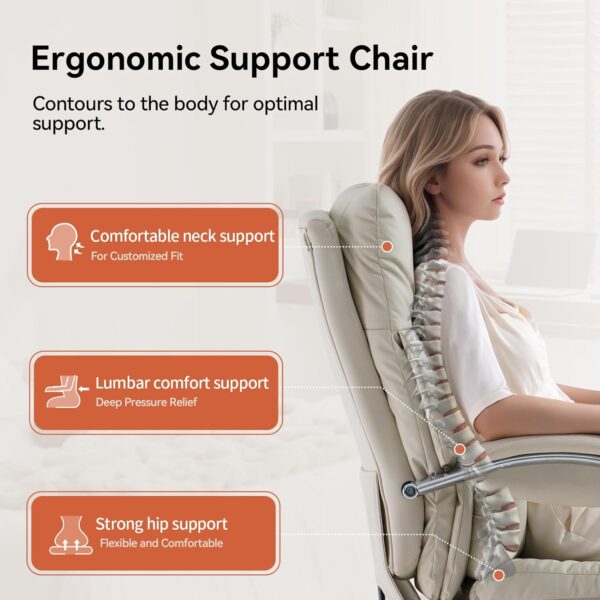LEAGOO Office Chair with Foot Rest, Ergonomic Executive Office Chair with Arms, Reclining High Back PU Leather Comfy Swivel Computer Desk Chairs with Wheels and Lumbar Support for Home Office, Cream