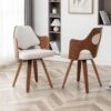 Walnut Dining Chairs Set of 2,Beige Kitchen Chair Fabric,Wooden Mid Century Modern Dining Chairs,Swivel Bentwood Chair with Arms for Dining Room