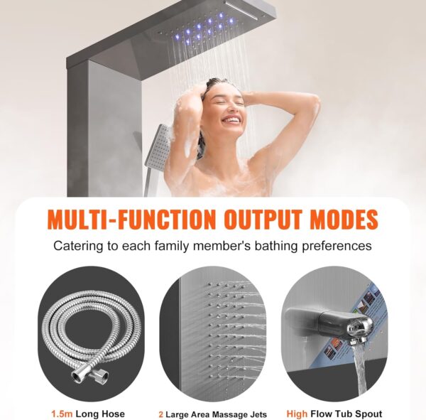 VEVOR Shower Panel System, 5 Shower Modes, LED Shower Panel Tower, Rainfall, Waterfall, 2 Body Massage Jets, Tub Spout, Handheld Shower Head with 59" Hose, Stainless Steel Wall-Mounted Shower Set
