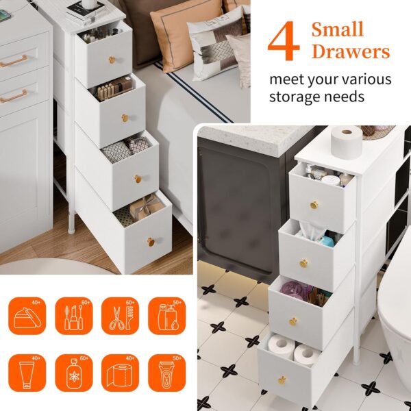 Fixwal Narrow Storage Cabinet, Narrow Nightstand Dresser with 4 Drawers, Slim Fabric Dresser Storage Tower for Small Spaces, White Dresser, for Bedroom, Bathroom, Laundry, Closet
