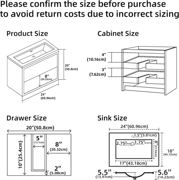 24 Inch Bathroom Vanity with Sink, Floating Vanity with 2 Drawers, Wall Mounted Modern Cabinet with Faucet, Pop-up Drain, P-Trap, Grey