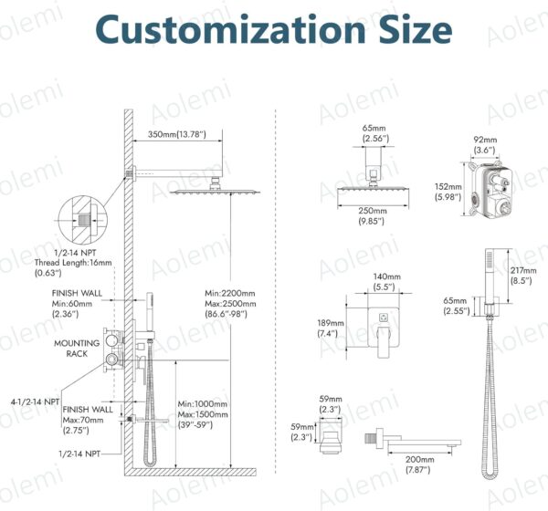 Aolemi Shower Tub Faucet Set Wall Mount,Tub and Shower Faucet Combo,Shower System,with 2 in 1 Handheld Sprayer,Rough-in Valve,with 10 Inch Showerhead Matte Black