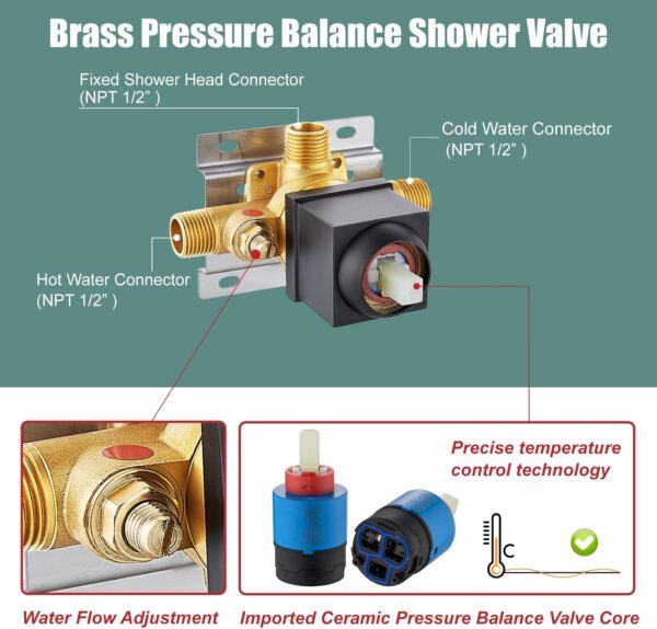 Bathtub Shower Faucet Set,6 Inch Square Shower Trim Kit Single Handle Shower System,Showerhead and Handle Set Male Thread Pressure Balance Valve,Without Tub Spout,Matte Black