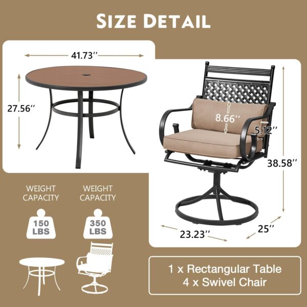 MELLCOM 5-Piece Outdoor Dining Set, 4 Swivel Rocker Chairs with Thick Cushions & Pillows, Round Dining Table with Umbrella Hole, Patio Furniture Set for Porch, Garden, Backyard, Poolside, Deck, Khaki