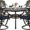 VIVIJASON 5-Piece Outdoor Patio Dining Set, All-Weather Cast Aluminum Conversation Set, Patio Furniture Set for Backyard, Include 4 Swivel Chairs, 38.5" Round Table w/Umbrella Hole, Navy Blue Cushion